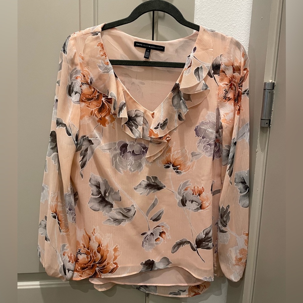 White House Black Market Pink and Flowers Long Sleeve Blouse (Size: 4)
